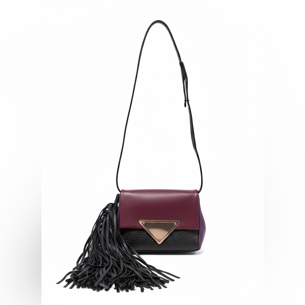 Sara Battaglia Teresa Leather Fringe Crossbody Bag - Burgundy, Black & Purple